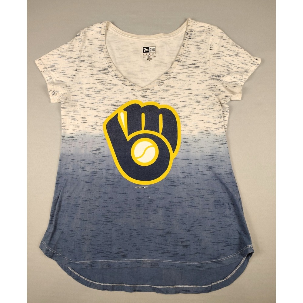 Milwaukee Brewers New Era V-Neck Shirt Womens Small Blue Ombre Dye MLB Baseball